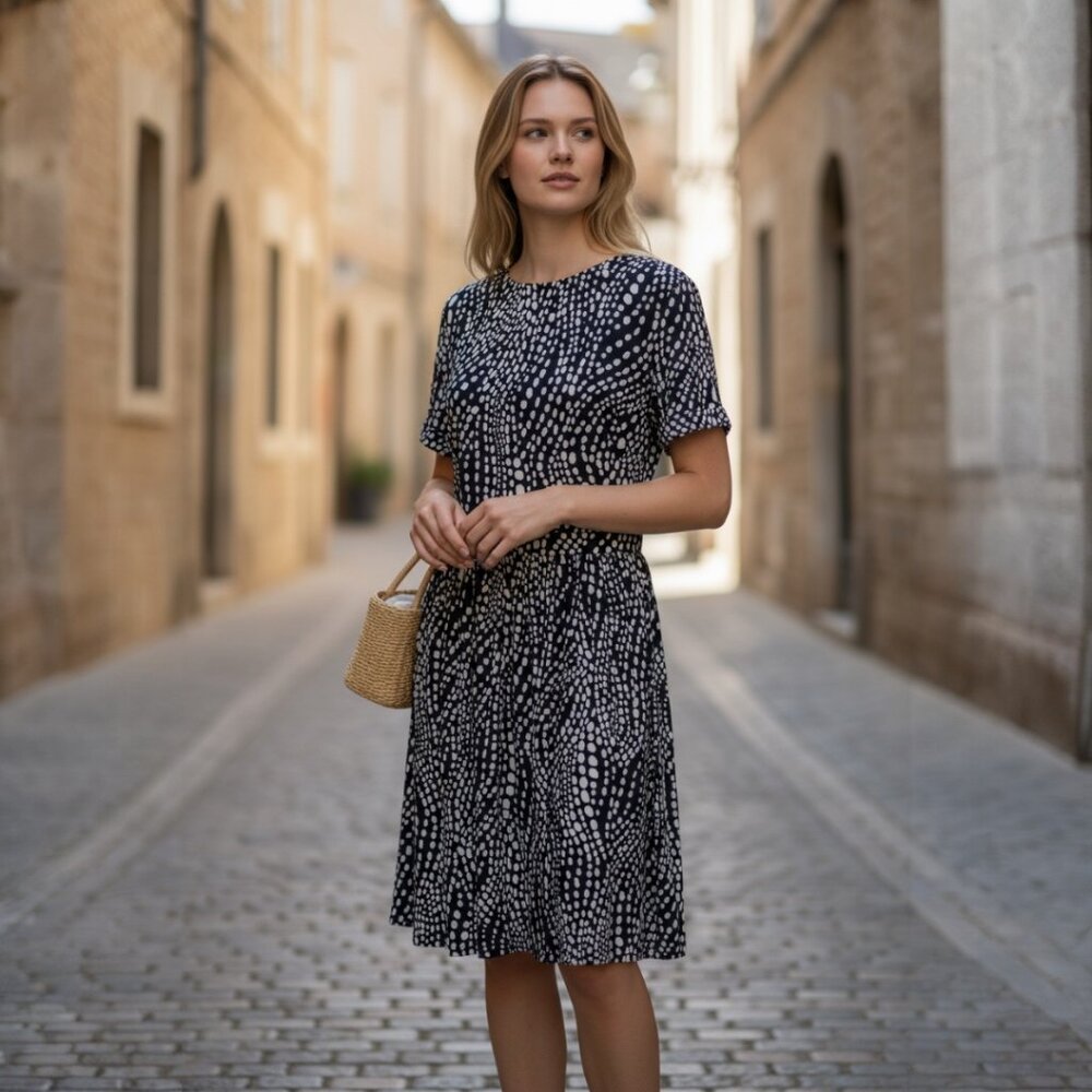 EUC Maggy London Fit and Flare Dress | Size 8 | Navy Dots Pattern
